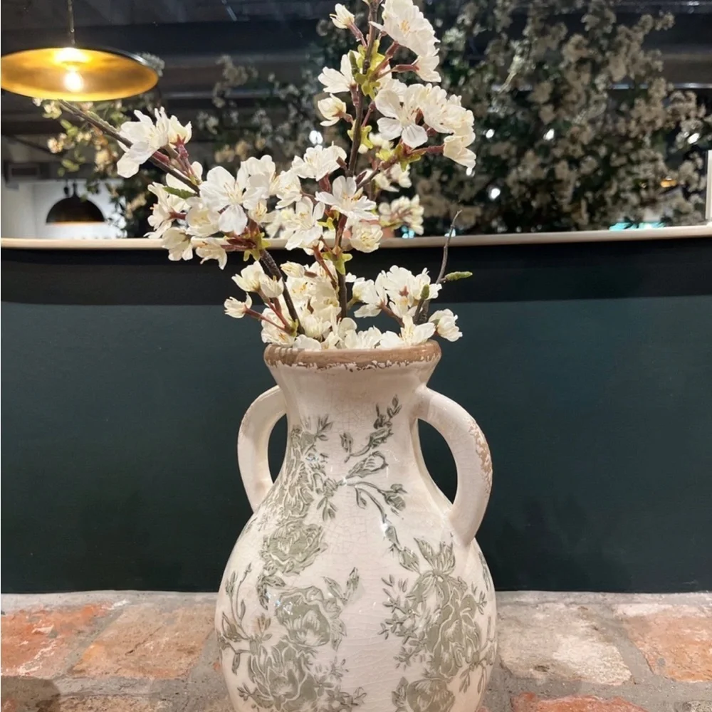 Distressed Floral Vase with Handles - Magnolia